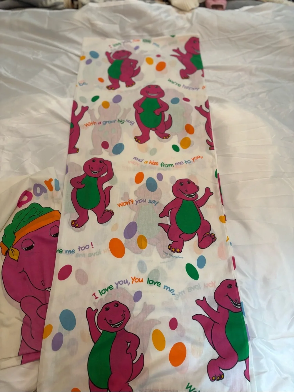 Vintage Barney 1992 kids Sheet Set in Pink Green and White